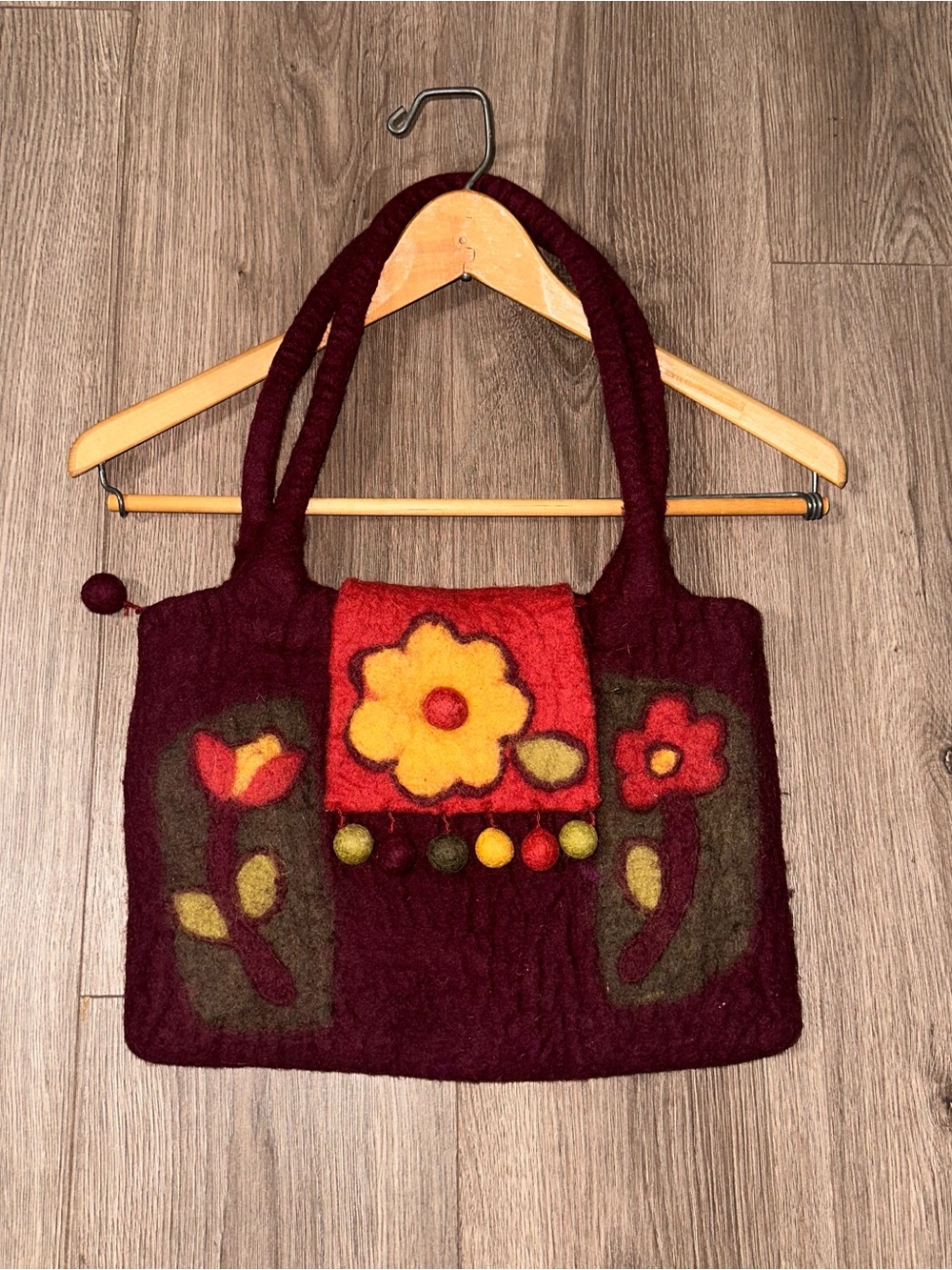Rising Tide Wool Purse Tote Burgundy with Floral Appliqués NWOT